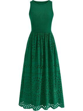 Women's Dress Maxi Green Crew Neck Short Sleeveles Pockets A Line Casual Summer
